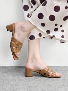 CUCCOO BIZCHIC Women's Light Brown Belt Buckle Cross Belt Thick Heel Mule Shoes, Square Toe Comfortable High Heel Sandals Spring Shoes - Brown - View 5