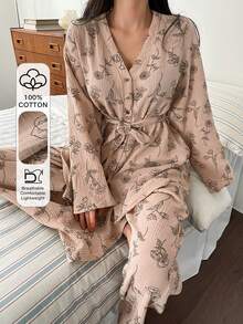 DAZY Set de pijama de mujer con 2 piezas, estampado de dibujo lineal floral, tela de gasa texturizada con botones de contraste, primavera - Rosa Pálido - Ver 3