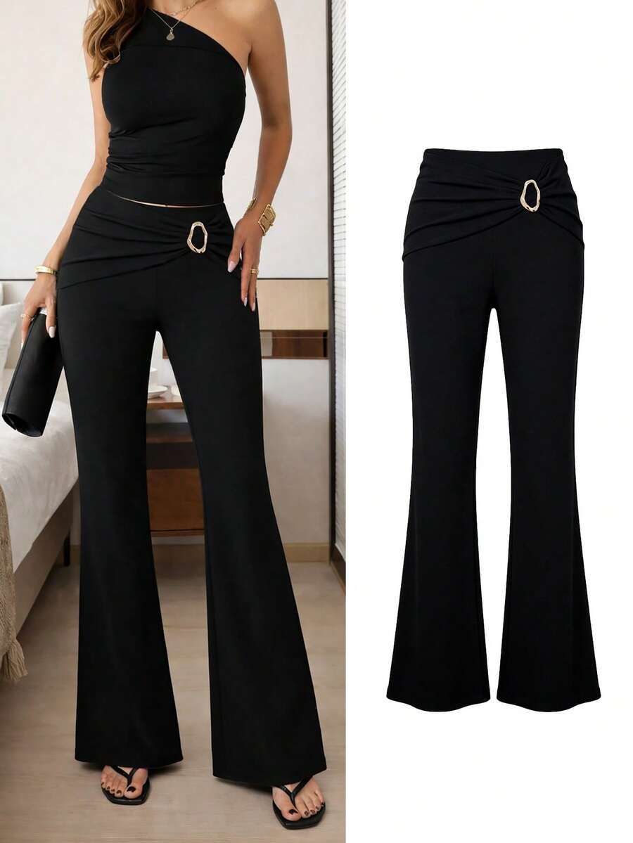 Rafferiza 优雅通勤修身显腿长喇叭裤 - 黑色 - 查看 1