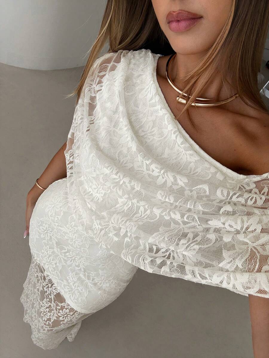 Aloruh 女士优雅简约精致浪漫迷人时尚约会之夜日常度假婚礼蕾丝荷叶边露肩褶皱修身优雅包臀长款白色连衣裙，紧身优雅修身包臀长款白色连衣裙，垂褶上衣白色毕业礼服 - 白色 - 查看 1
