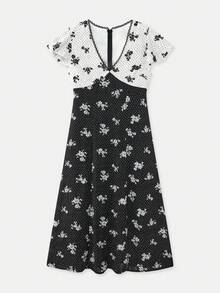 lacRébo 波点单色撞色印花短袖中长连衣裙，复古风，时尚别致，春夏必备 - 黑與白 - 查看 7