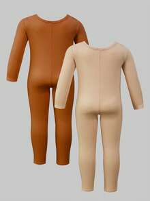 SHEIN 2pcs/Set Girls' Autumn/Winter Snug Fit Warm Solid Color Jumpsuit, Soft Material Provides Comfortable Wear, Solid Color, Suitable For Home Wear, Fit For Spring, Autumn And Winter - Multicolor - View 2