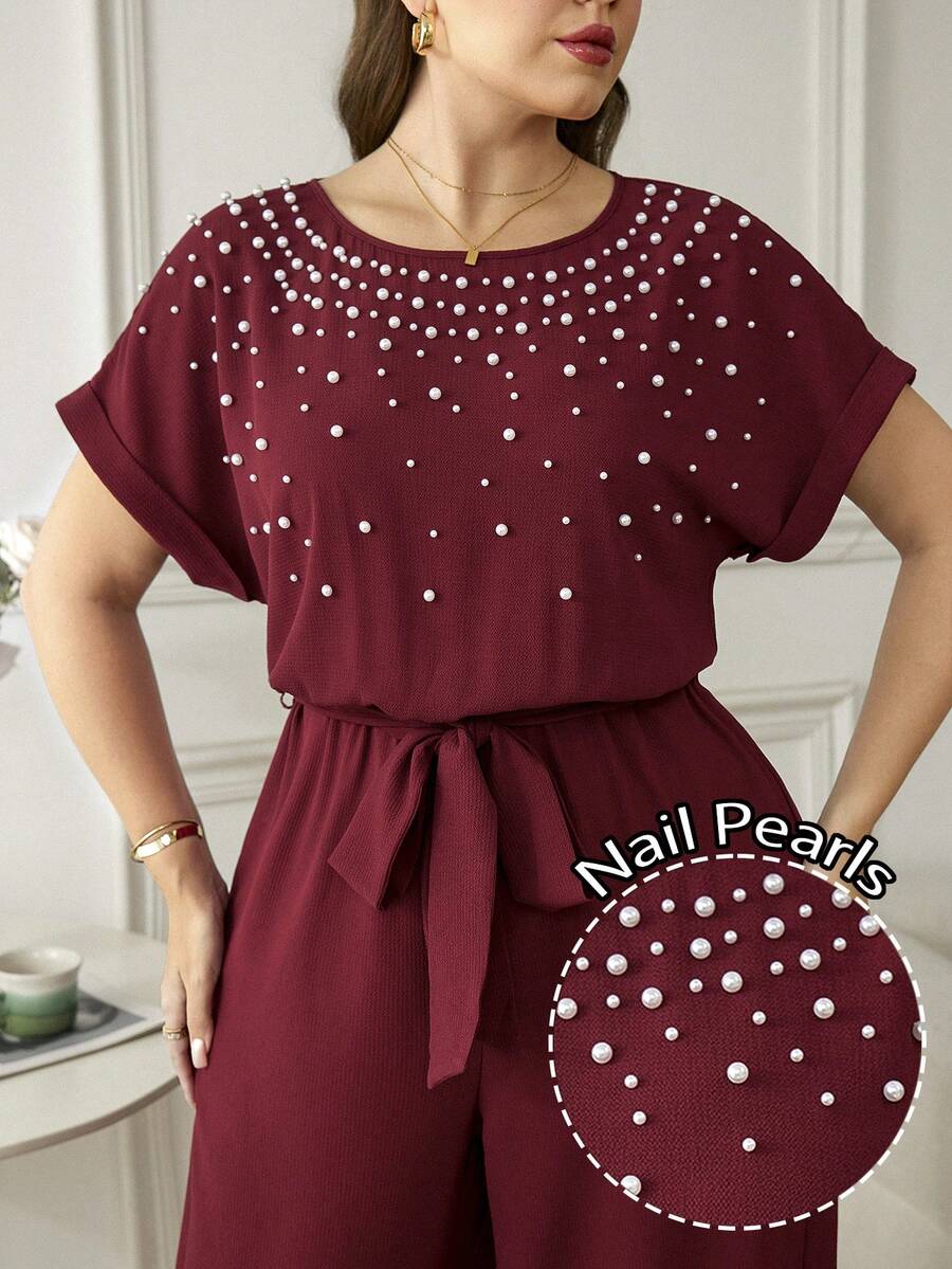 Reflora 大码优雅圆领连体裤，配腰带和阔腿裤腿