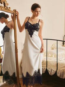 French Style Romantic Long Nightgown, Elegant Maxi Dress For Wedding Season, Feminine Sleepwear - Black and White - View 4