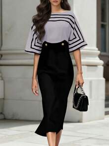 Balvessa Đầm dài tay ôm dáng thanh lịch màu đen, cổ thuyền, phối sọc, khóa cài, dành cho nữ. - Nhiều màu - Xem 1