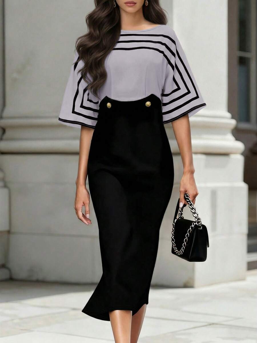 Balvessa Đầm dài tay ôm dáng thanh lịch màu đen, cổ thuyền, phối sọc, khóa cài, dành cho nữ. - Nhiều màu - Xem 1