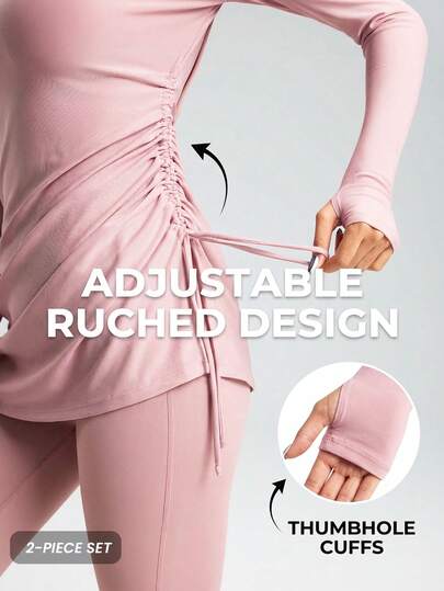 Innovista Women's Autumn Casual Letter Graphic Side Drawstring Long Sleeve Top And Pants Sports Suit Pink Long Sleeve Workout Set 2pcs, Side-Tie Ruched Tunic Top & High-Waist Leggings, Slim Fit Sculpting, Tummy Control, Yoga/Pilates/Gym/Athleisure.Viral Balletcore Clean Girl