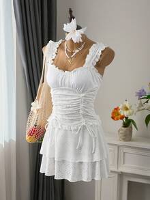 Bellisia 女士沙滩度假休闲抽绳褶皱泳裙 - 白色 - 查看 8