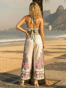 CAJUNI Bộ áo liền quần màu hồng thêu hoa phong cách kỳ nghỉ nhiệt đới - Hồng - Xem 2