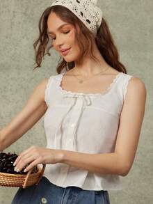 WESTFADE 圆领系带前襟褶裥纽扣上衣，100%纯棉拼接镂空面料，适合春季、度假、夏季、海滩、音乐节、乡村音乐节、科切拉音乐节、休闲场合穿着，可爱又百搭，适合波西米亚风、纳什维尔、牛仔、牛仔竞技、乡村音乐会等各种场合，也适合农贸市场等场合。 - 白色 - 查看 5