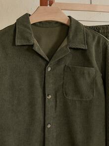 Manfinity RebelGame Men's Solid Color Front Button Long Sleeve Minimalist Top And Pants 2 Pieces Set, Fall Clothes - Army Green - View 4