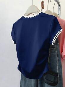 SHEIN 女士休闲夏季上衣，藏蓝色，犬牙刺绣，返校季，教师节，女士T恤 - 藏蓝色 - 查看 2