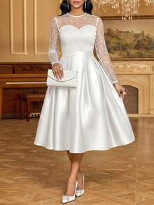 SHEIN Lady 女士圆领长袖网纱拼接中长连衣裙 - 白色 - 查看 4