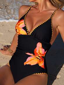 SHEIN Swim Vcay 1 pieza Traje de baño de una pieza con cuello alto fruncido, estampado floral y tirantes ajustables para mujer - Negro - Ver 3
