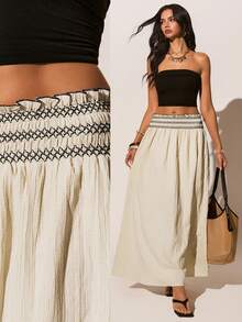 Poéselle 女士百褶撞色休闲百搭约会外出半身裙，白色半身裙，休闲半身裙，沙滩装，度假装，夏季装，春夏长裙，女士长款半身裙，波西米亚风半身裙，沙滩裙，长裙搭配上衣，波西米亚风半身裙套装，波西米亚风长裙，夏季女士半身裙 - 杏色 - 查看 1