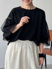 FRIFUL 女士圆领宽松网纱花瓣袖宽松夏季短袖T恤 - 黑色 - 查看 6