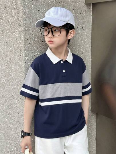 Mirajuku 休闲撞色纹理面料宽松 Polo 衫，适合青少年男孩日常通勤和上学穿着。