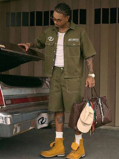 AXEPEAK 2pcs Men's Stand Collar Half Sleeve Flap Pocket Simple Pattern Stitching Shirt And Casual Cargo Shorts Set Men 2 Piece Set Men Street Wear Sets Men S Two Piece Shorts Set Hip Hop Shorts Set Men Streetwear Sets Men Two Piece Shorts Set