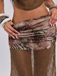 ROMWE Spring/Summer Y2K Retro Sexy Grungy Boho Style Patchwork Embroidered Mesh Waist Ruched Asymmetric Slit Maxi Skirt - Brown - View 8