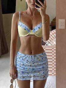 Swim Mod 3pcs Women's Random Print Spaghetti Strap Underwire Bikini Set, Spring/Summer - Multicolor - View 1