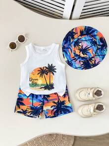 SHEIN Playful Pals 3 pièces Ensemble d'été pour bébé garçon, débardeur blanc avec imprimé lettres à la mode, short de plage avec imprimé palmiers, chapeau assorti. Convient pour les vacances à la plage, le port décontracté quotidien, les activités extérieures - Multicolore - Voir 5