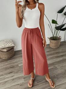 Easowa 休闲棉麻混纺九分裤，卡其色，薄款，适合返校季、教师制服穿着，女士款 - 黏土紅 - 查看 8