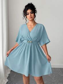 Elenzga 女士休闲V领收腰短款优雅红色晚礼服，夏季 - 淺藍色 - 查看 4