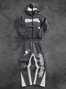 PAVTROS Conjunto de 2 piezas de sudadera con capucha y pantalón de chándal con estampado de letras y forro térmico Manfinity Streetrush para hombres, ropa de otoño e invierno - Gris - Ver 1