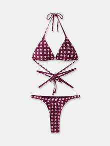 lacRébo Burgundy Floral-Geometric Pattern Triangle Bikini Set Spring Summer Swimwear Vintage Swimwear Style French Style Parisian Style Swimwear - Purple - View 6