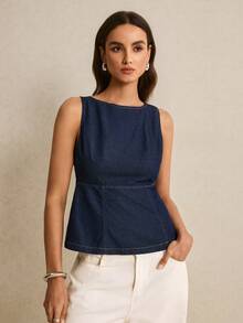 Poéselle Women's Round Neck Sleeveless Backless Denim Top - Dark Wash - View 4