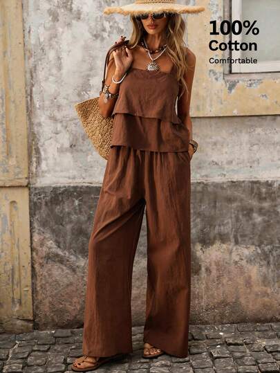 Brillora Set de 2 piese pentru femei, simplu, cu camisol și pantaloni, culoare uni, vară