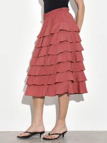 KSTM Falda midi con volantes de cintura alta con cintura elástica, con capas, fluida, de estilo femenino para primavera y verano - Naranja - Ver 5