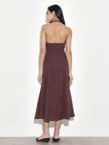 KSTM 女士无袖露背V领A字中长款酒红色晚礼服 - 酒紅色 - 查看 2