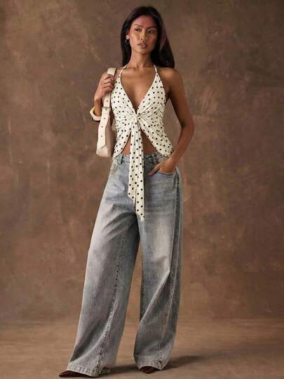 SHEIN BAE Women's Romantic Vacation Sexy Vintage Polka Dot Ruffle Tie V-Neck Backless Camisole, Suitable For Holiday Dates, Afternoon Tea, Beach, Cruise, City Vacation, Wedding Season, Music Festivals, Bohemian Style Vacation