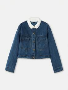 lacRébo 蓝色牛仔短款外套，白色蕾丝领口，复古可爱风，法式巴黎风。 - 中等水洗藍 - 查看 9