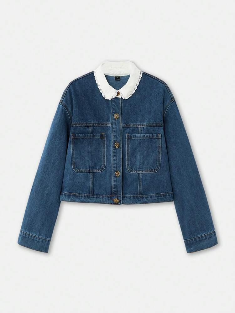 lacRébo Blue Denim Cropped Jacket With White Lace-Trim Collar Vintage Cute Style French Style Parisian Style Cotton Clothes Cotton Jacket - Medium Wash - View 9