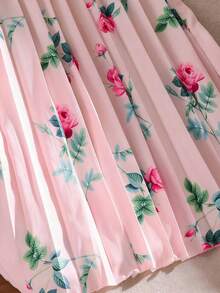 1 pieza Vestido largo de verano elegante y dulce para adolescentes, con cuello en color albaricoque, detalle de lazo, mangas cortas, cintura ajustada y falda plisada, ideal para uso diario, compras, fiestas de jardín y talla grande - Rosa Pálido - Ver 5