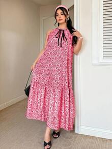 Celure Plus Size French Rose Print Pink Floral Dress,Sleeveless Irregular Ruffle Hem Flared Skirt,Cute Summer Holiday Beach Vacation,Date Party - Pink - View 4