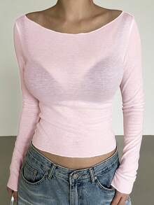 DAZY Spring New Off-Shoulder Slim Fit Semi-Sheer Women T-Shirt Summer - Pink - View 2