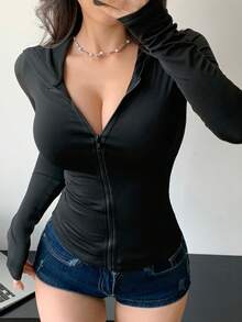 DAZY Green Zip-Up Fitted Jacket, Suitable For Spring And Summer - Black - View 2