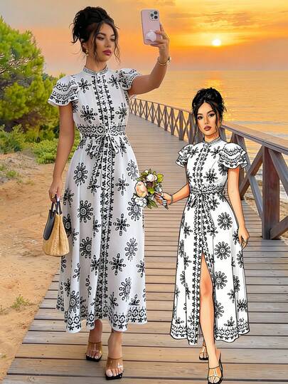 SHEIN Elenzya 2026新款优雅女士粉色立领荷叶袖修身休闲连衣裙，适合日常穿着、婚礼、派对、夏季海滩、浪漫约会、通勤等场合。