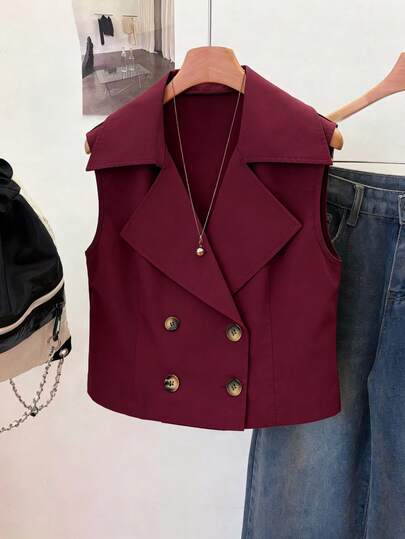 Franclia Casual Versatile Sleeveless Short Double-Breasted Spring/Summer Women Windbreaker Vest Jacket Outerwear Top