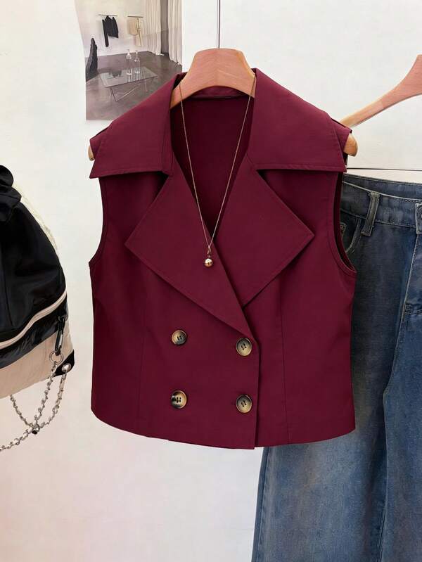 Franclia Casual Versatile Sleeveless Short Double-Breasted Spring/Summer Women Windbreaker Vest Jacket Outerwear Top