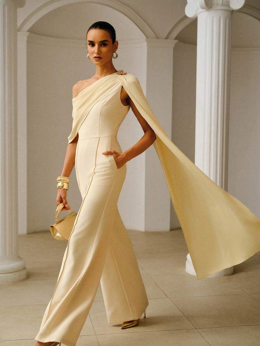 ZEYLAH Spring & Summer Asymmetric-Shoulder Flared Jumpsuit - Yellow - View 1