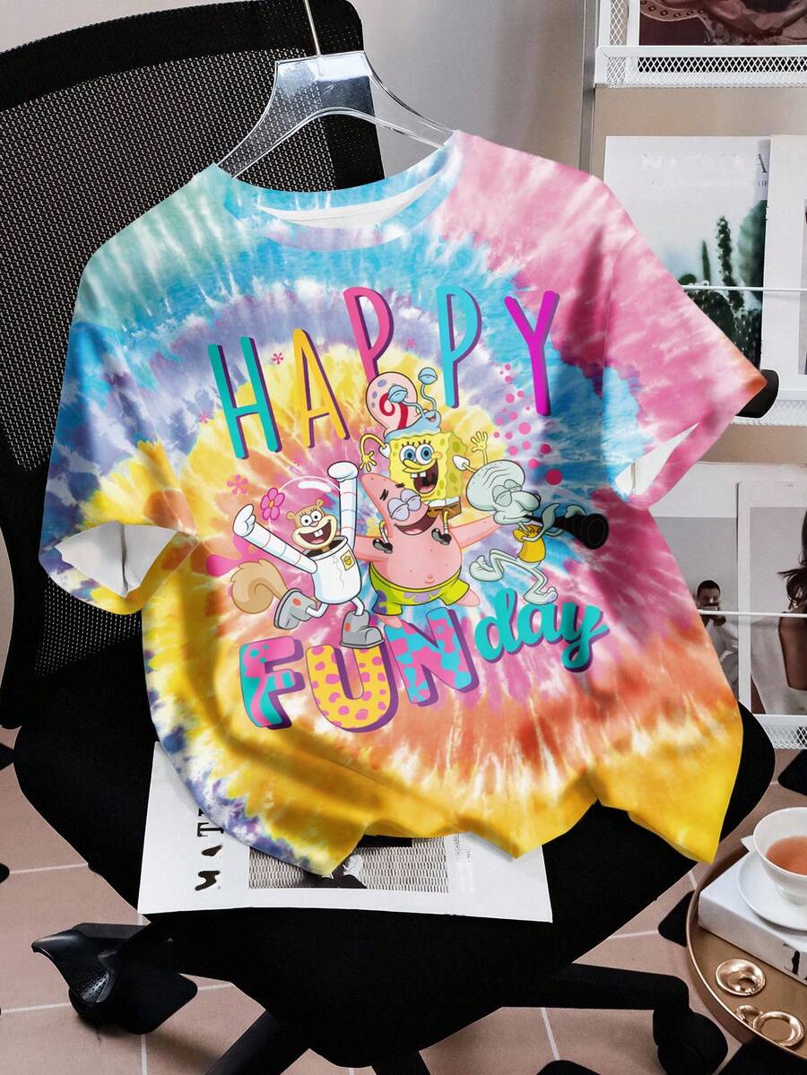 SpongeBob SquarePants | SHEIN 女士扎染卡通印花休闲圆领短袖T恤，夏季 - 白色 - 查看 1