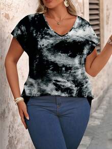 EMERY ROSE Áo thun ngắn tay cổ chữ V nhuộm màu tie-dye cỡ lớn dành cho nữ, kiểu dáng thường ngày, đa năng. - Nhiều màu - Xem 4