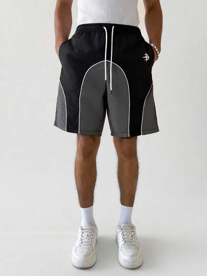 PAVTROS 春夏，Y2K，街头服饰，节日，度假，送给男友的礼物，派对，健身，老钱，外出，复古，男士黑灰撞色宽松休闲短裤，弧形裤型，弹性腰带，小图案设计，百搭夏季短裤，宽松版型。