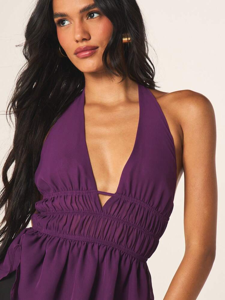MISSGUIDED Top femme à encolure bénitier profonde, col ras-du-cou, ourlet asymétrique à volants, taille froncée et détail de lien dans le dos pour les soirées d'été