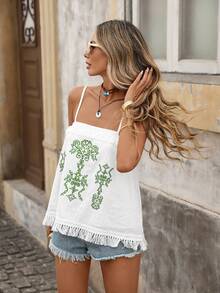 Brillora Débardeur décontracté femme à imprimé tout-sur-tout avec franges, 100% coton bohème brodé, débardeur ample à franges, débardeur décontracté pour vacances, tee-shirt polyvalent pour la plage. Tenues de plage pour femmes, hauts d'été pour femmes, hauts de vacances pour femmes, vêtements bohèmes mignons pour femmes, tenues de Cabo pour femmes - Vert - Voir 4