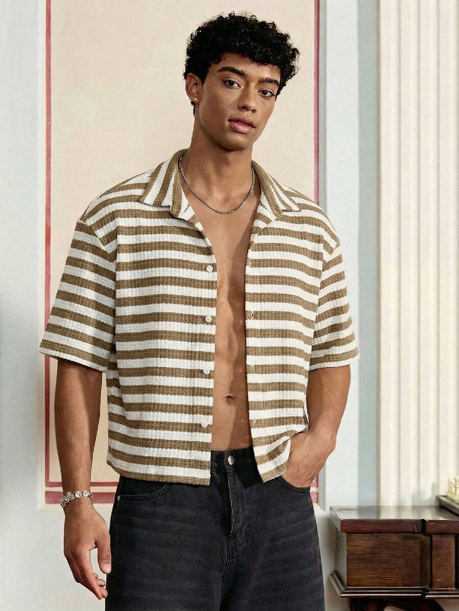 SWAVVY Men's Textured Striped Short Sleeve Shirt, Spring/Summer - Apricot - View 1